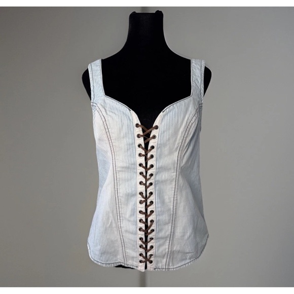 GUESS Sexy Corset Tank Top Sz L Railroad Stripe Denim Side Zip Concert Party - Picture 1 of 9